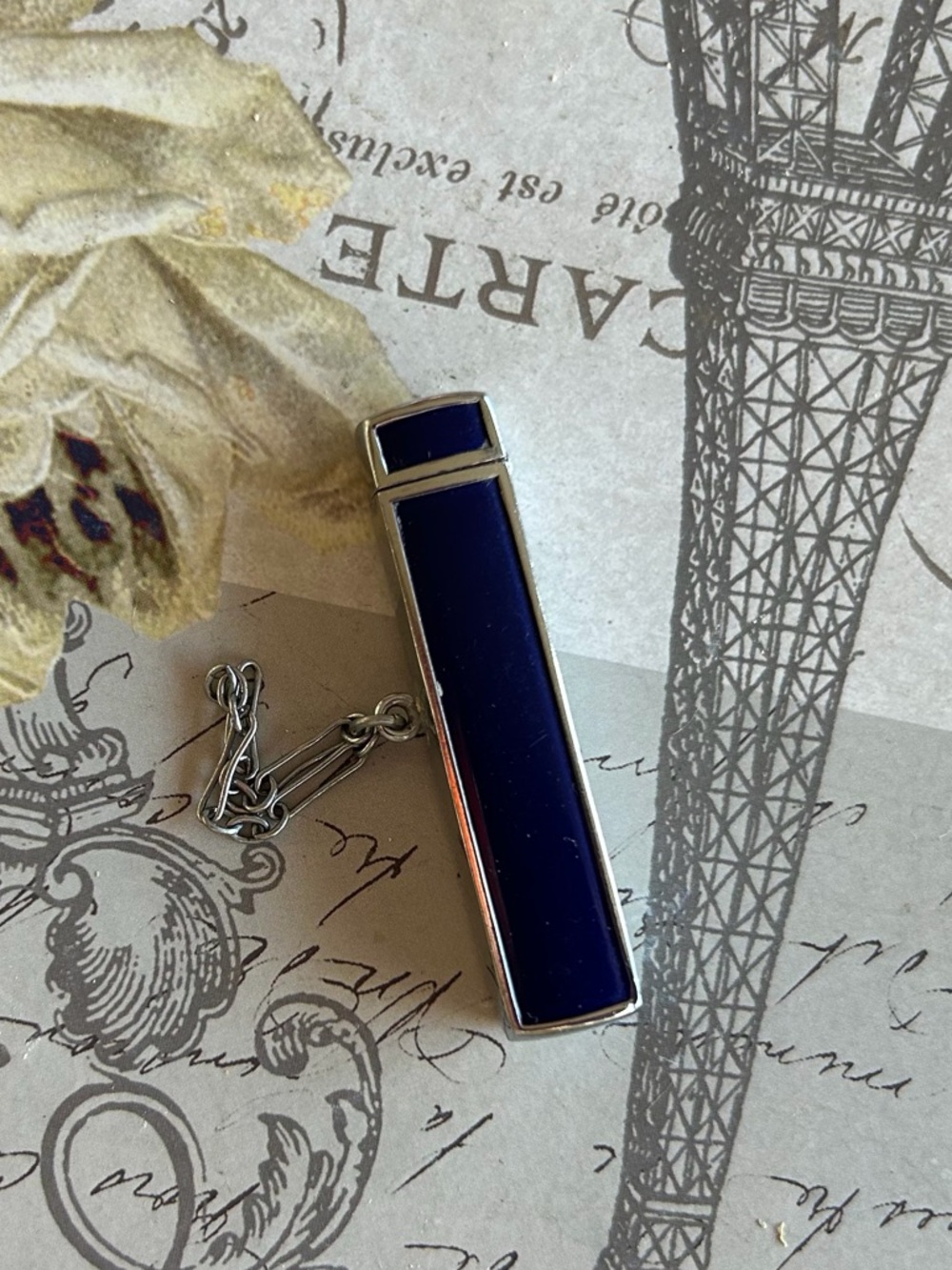 Antique Vintage Art Deco Enamel Refillable Lipstick Case with chain SWEET!!
